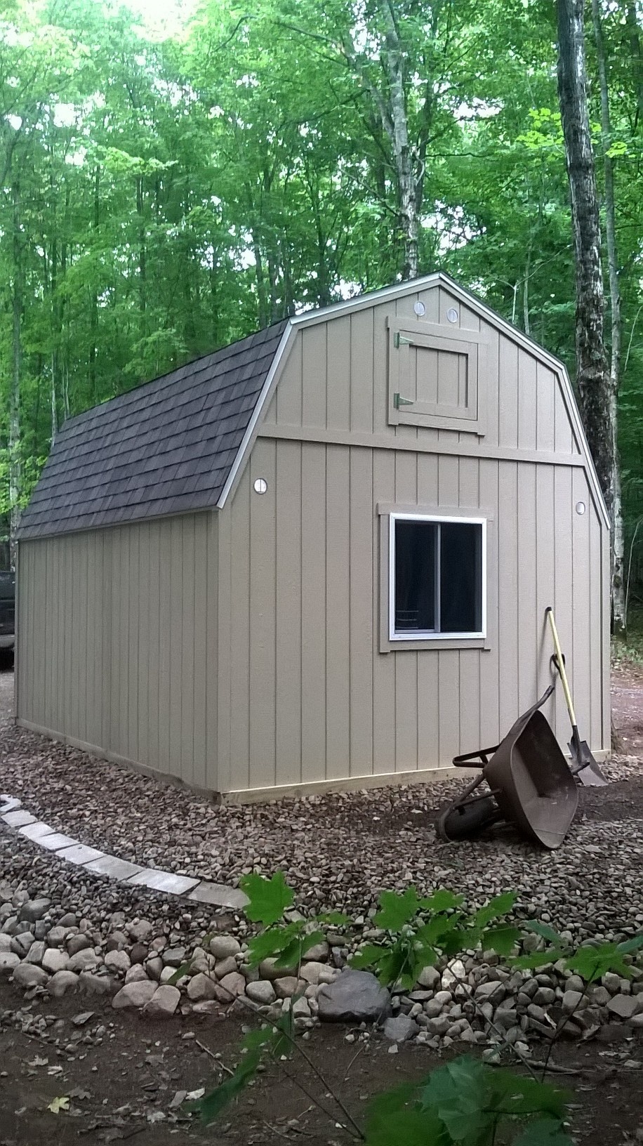 Back view of this new 12 by 16 Gambrel shed by Premium Buildings & Storage Sheds