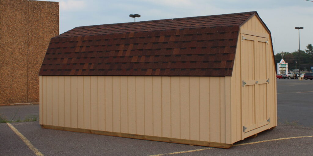 Side view of Premium's new 8by16 Gambrel for sale outside of Hong Kong Buffet